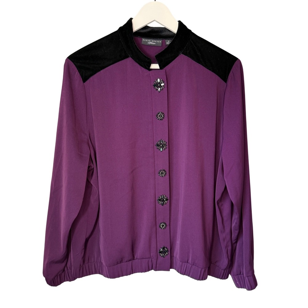 Susan Graver Purple Velvet Trim Top Size‎ 14 Jeweled Buttons Dressy Evening